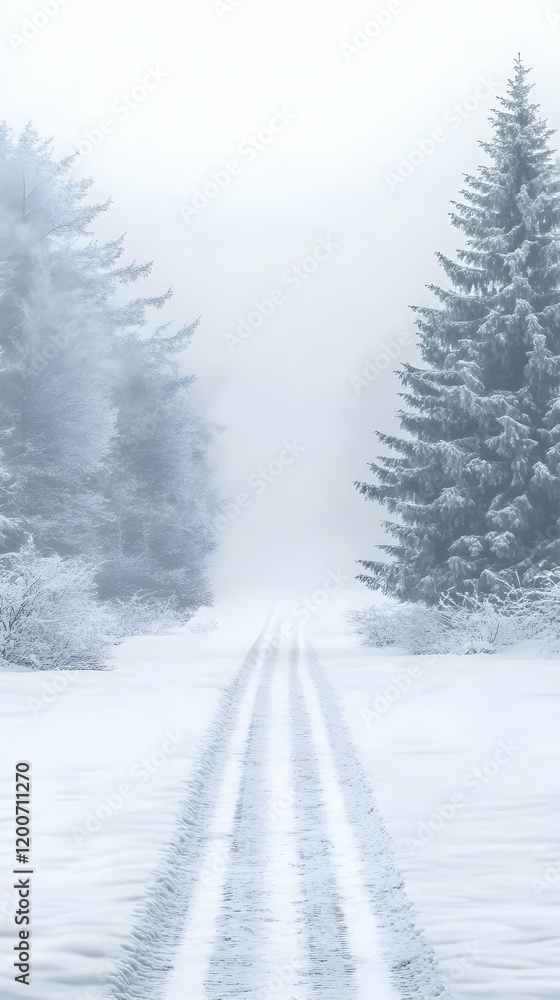 Fototapeta premium Snowy Road Winds Through a Misty Winter Forest Landscape Peacefully and Quietly on a Cold Morning