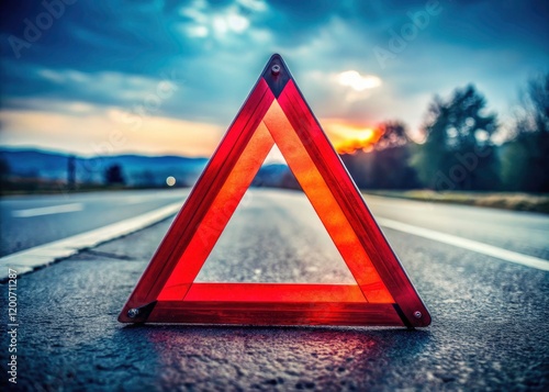 Caution:  Traffic accident.  Emergency warning triangle visible.  Reduce speed. photo