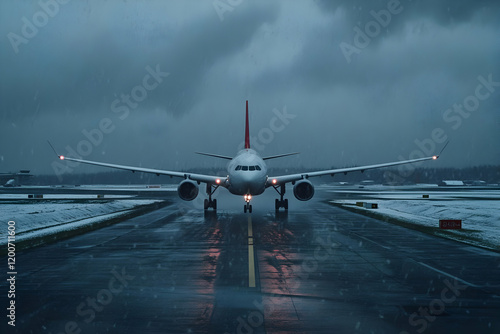 Airplane taxis on wet runwa...