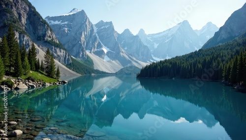 Mountain lake with surrounding peaks and pine trees, scenic, mountains