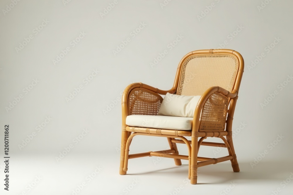 Obraz premium Natural bamboo armchair with rattan weave details and wicker texture, armchair, furniture