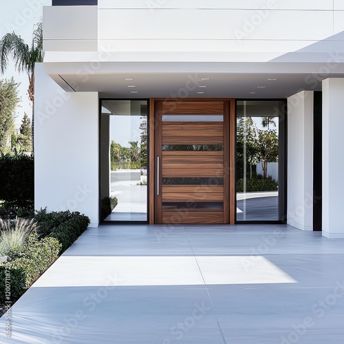 Wallpaper Mural Modern walnut door with horizontal glass accents, paired with a clean white driveway. Torontodigital.ca