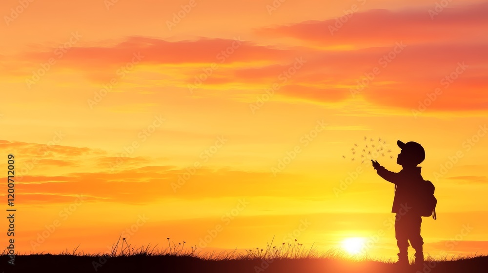 Fototapeta premium Child Silhouetted Against Sunset, Making a Wish