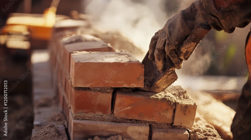An intricate shot of a mason laying bricks for a residential home, Bricklaying scene, Masonry craftsmanship style An intricate shot of a mason laying bricks for a residential home, Bricklaying scene, Masonry craftsmanship style