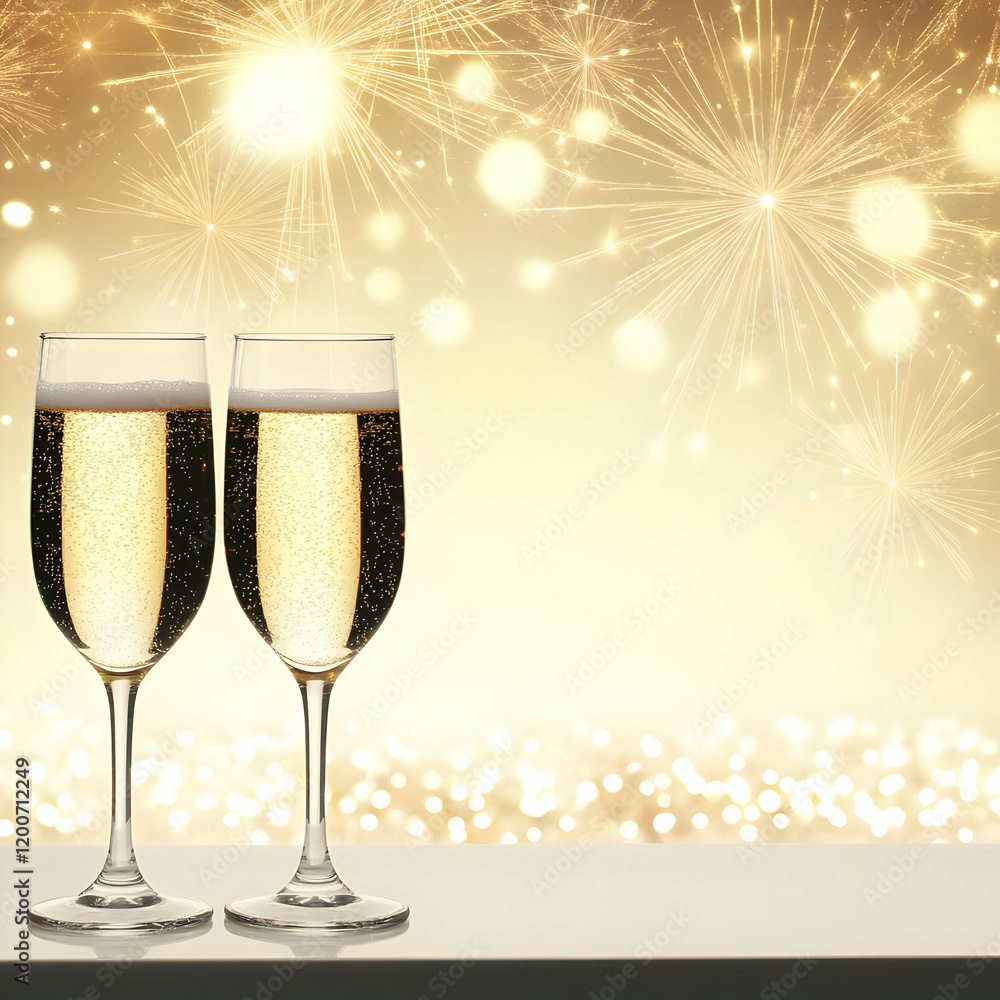 Two Champagne Flutes Stand on a Table with Fireworks Displaying in the Background Two Champagne Flutes Stand on a Table with Fireworks Displaying in the Background