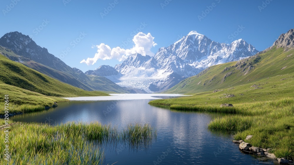 Serene mountain landscape with a tranquil lake and lush greenery. Serene mountain landscape with a tranquil lake and lush greenery.