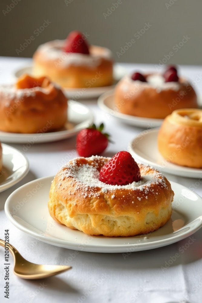 pastries arranged artfully on a white tablecloth, table setting, hotel breakfast pastries arranged artfully on a white tablecloth, table setting, hotel breakfast