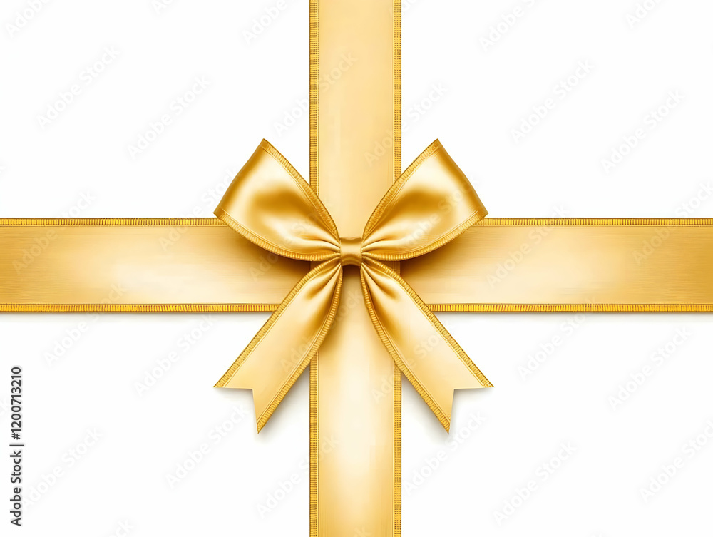 Golden Ribbon Crosses Forms Elegant Bow on White Background Golden Ribbon Crosses Forms Elegant Bow on White Background