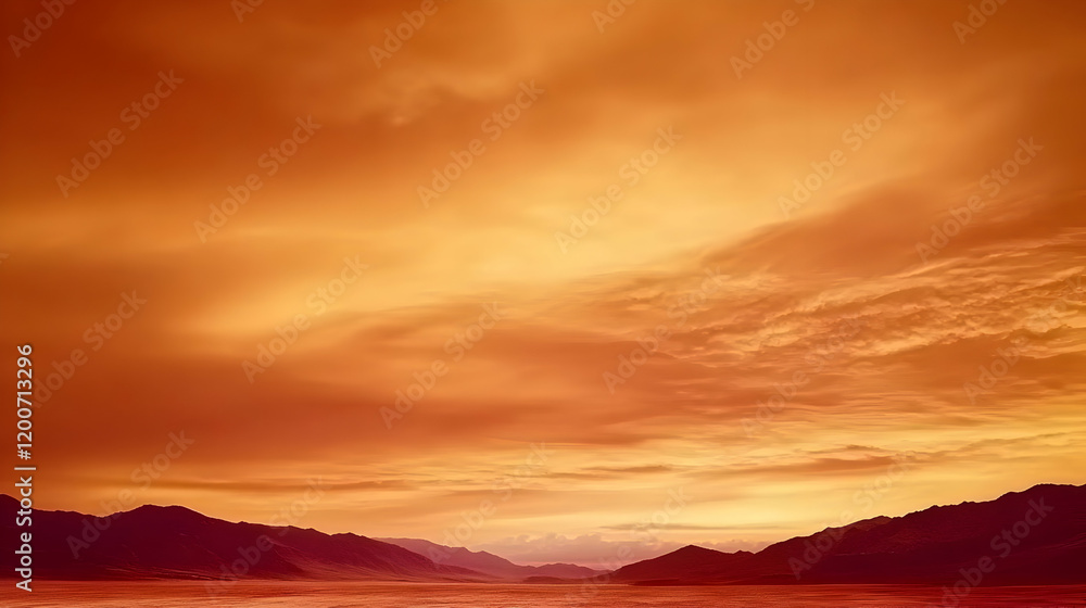 Fototapeta premium Fiery Sunset Paints the Desert Landscape in Vivid Orange Hues with Dramatic Clouds