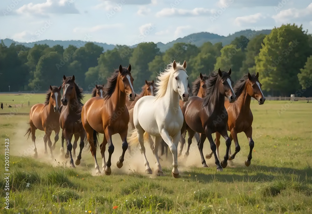 Horses galloping freely across an open field Horses galloping freely across an open field
