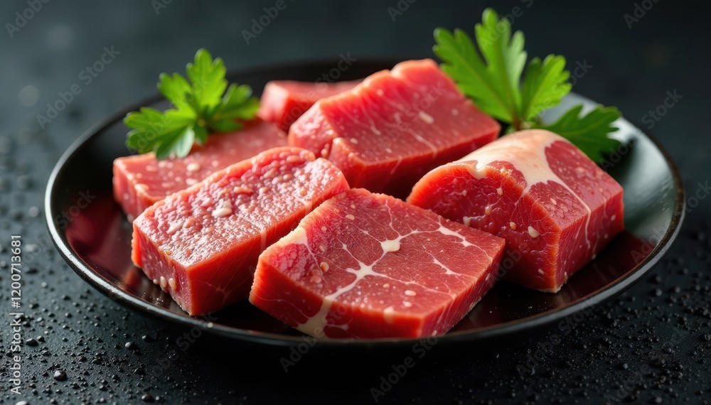 Raw meat cuts arranged on a plate on black background, food styling, beef