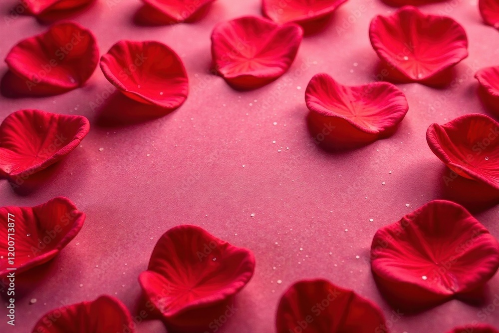 Fototapeta premium Red Rose petals scattered on a soft velvet surface, landscape, nature