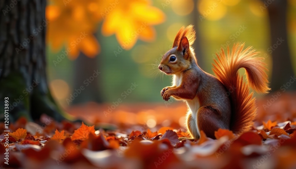 Red squirrel in autumn forest amidst vibrant foliage, autumn leaves, forest floor Red squirrel in autumn forest amidst vibrant foliage, autumn leaves, forest floor
