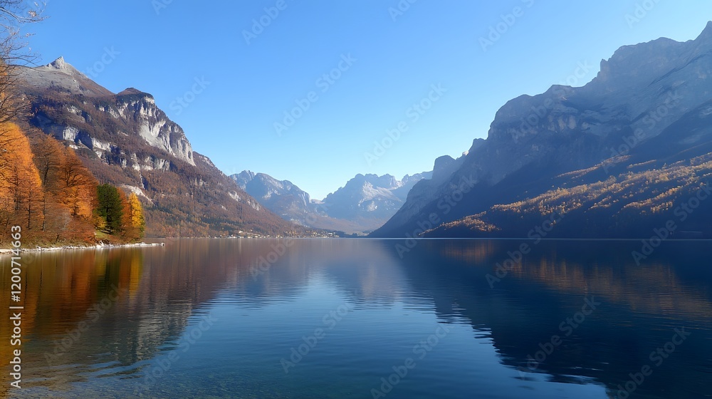 Fototapeta premium Calm Alpine Lake Reflecting Autumn Mountains