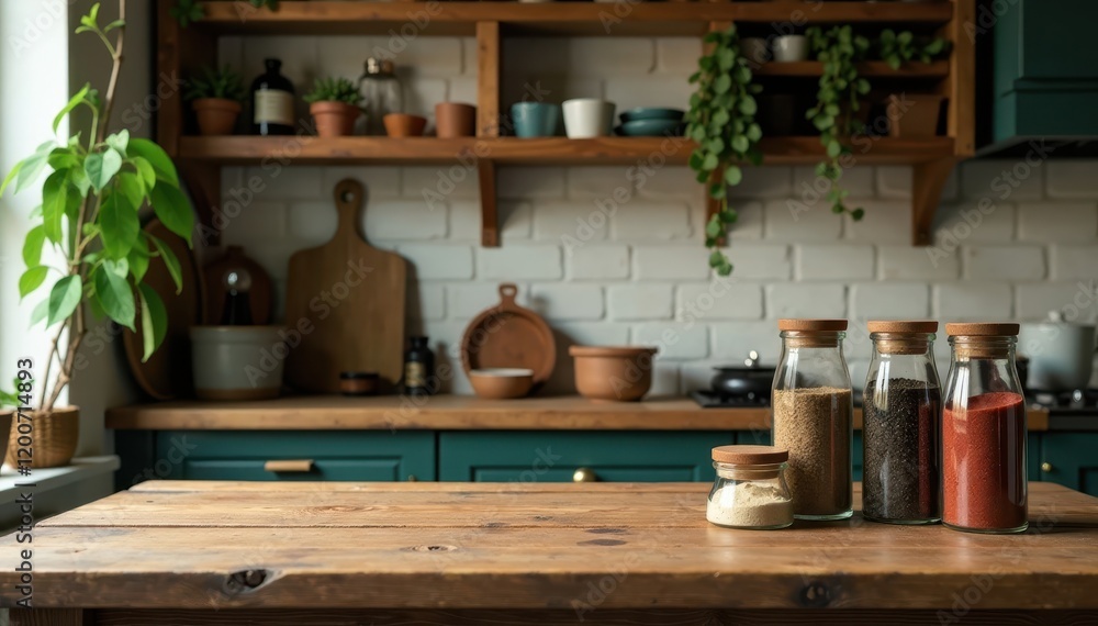 Rustic wooden table with empty spice rack and eclectic decor , rustic, spices Rustic wooden table with empty spice rack and eclectic decor , rustic, spices