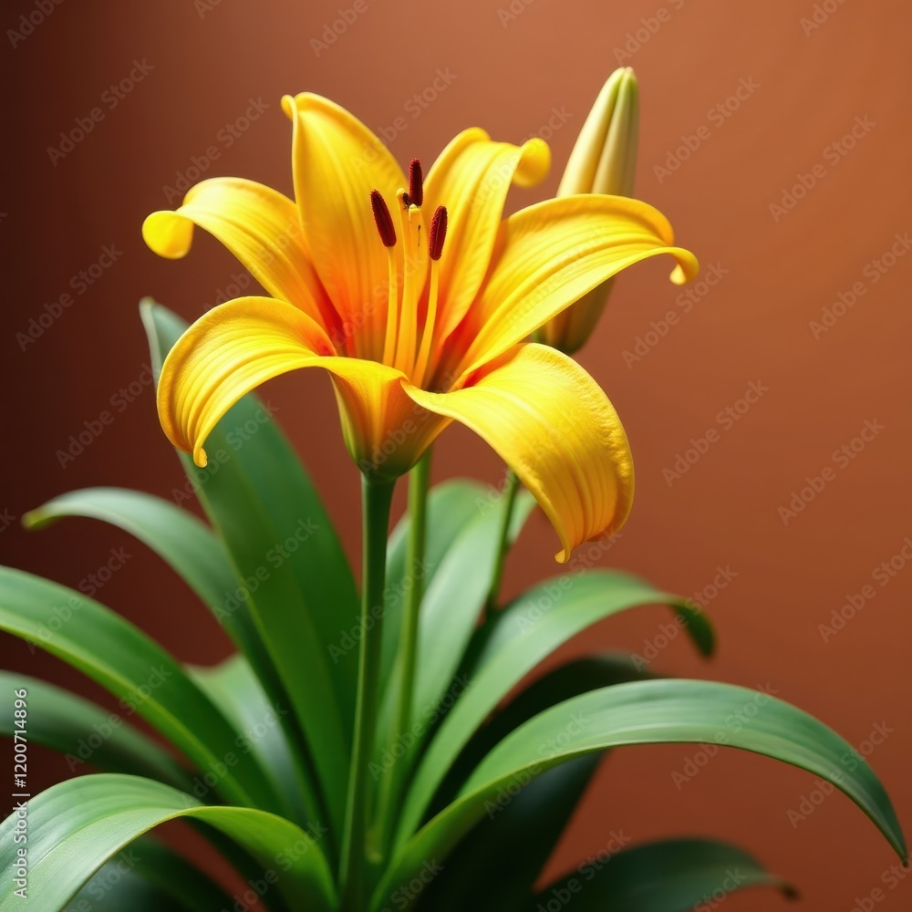 Obraz premium Saffron canna lily plant with lemon punch colored leaves , lily, flower
