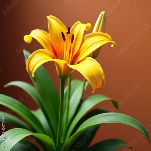 Saffron canna lily plant with lemon punch colored leaves , lily, flower photo