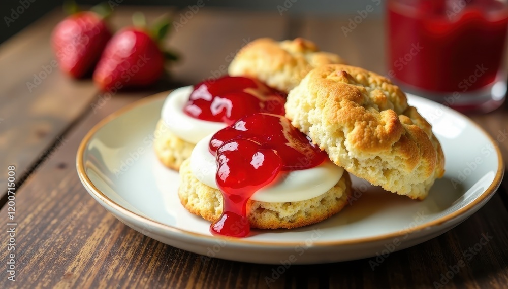 Scones with clotted cream and strawberry jam on a plate , jam, breakfast Scones with clotted cream and strawberry jam on a plate , jam, breakfast
