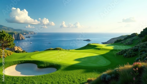 Secluded golf course overlooking vast ocean expanse, serene atmosphere, secluded photo