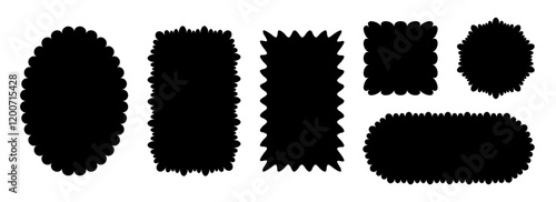 Black wave edge frame collection. Jagged scalloped border element set. Wavy undulate graphic design templates for decoration, banner, poster, sticker, badge, tag. Vector vintage bundle