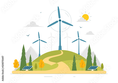 Wind Turbine Vector Illustration Featuring a Sustainable and Renewable Energy Concept with a Green Nature Landscape and Mountain Background