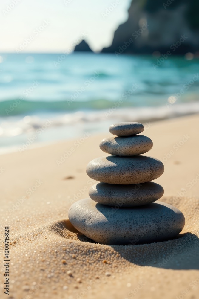 serene landscape of zen stones on sandy beach, peaceful surroundings, natural beauty serene landscape of zen stones on sandy beach, peaceful surroundings, natural beauty
