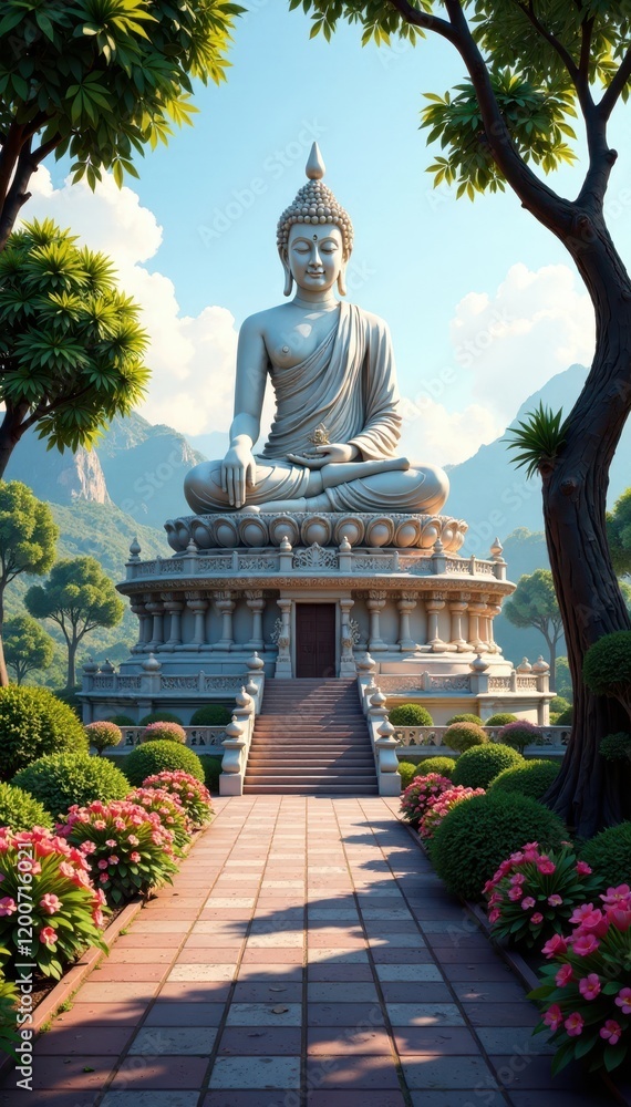 Serene temple grounds surrounding a majestic Buddha statue, temple, statue Serene temple grounds surrounding a majestic Buddha statue, temple, statue