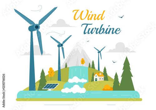 Wind Turbine Vector Illustration Featuring a Sustainable and Renewable Energy Concept with a Green Nature Landscape and Mountain Background