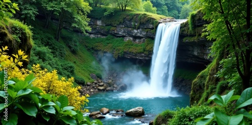 serpentine waterfall amidst lush greenery and vibrant yellow foliage, landscape, rocks