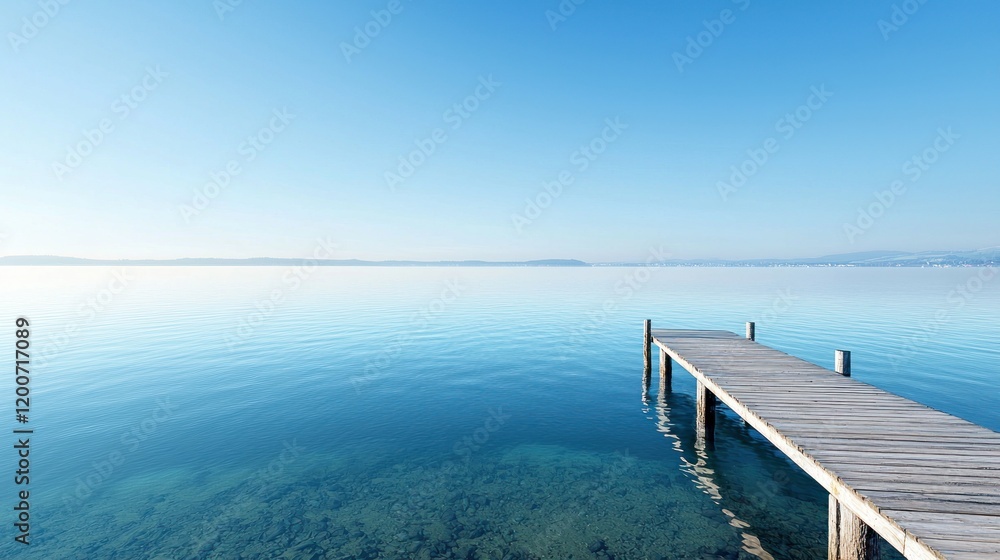 Serene lake view with a wooden pier extending into calm waters. Serene lake view with a wooden pier extending into calm waters.
