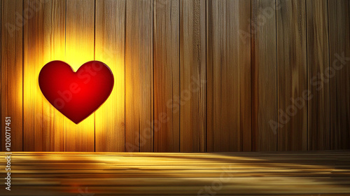 A beautiful glowing heart placed on a wood valentines day background photo