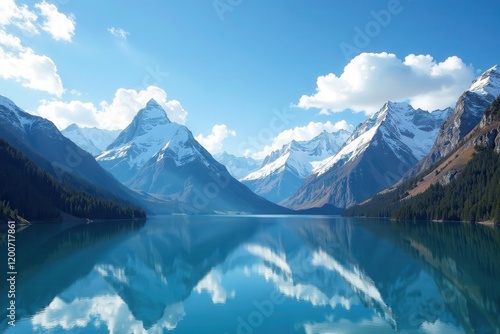 Wallpaper Mural Snow-covered mountains rise majestically against a blue sky with wispy clouds and a serene lake in the foreground, frozen lake, mountains snow scenic landscape Torontodigital.ca