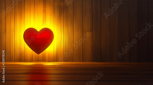 A beautiful glowing heart placed on a wood valentines day background photo