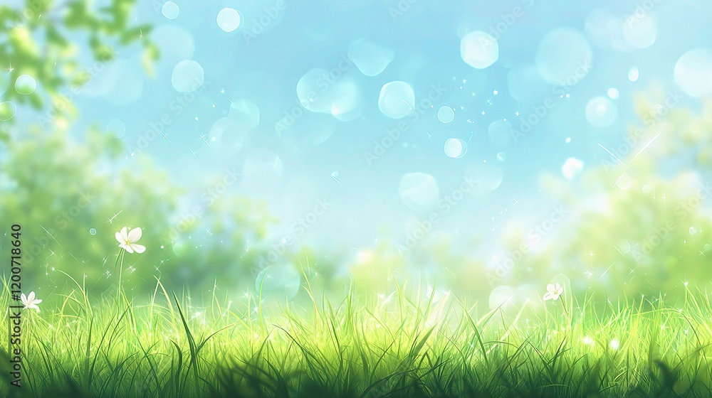 Blooming Meadow: A vibrant and serene meadow comes alive, with tall, swaying blades of green grass dancing under a clear, cloudless, pastel sky dotted with gentle bokeh and a few delicate flowers. Blooming Meadow: A vibrant and serene meadow comes alive, with tall, swaying blades of green grass dancing under a clear, cloudless, pastel sky dotted with gentle bokeh and a few delicate flowers.