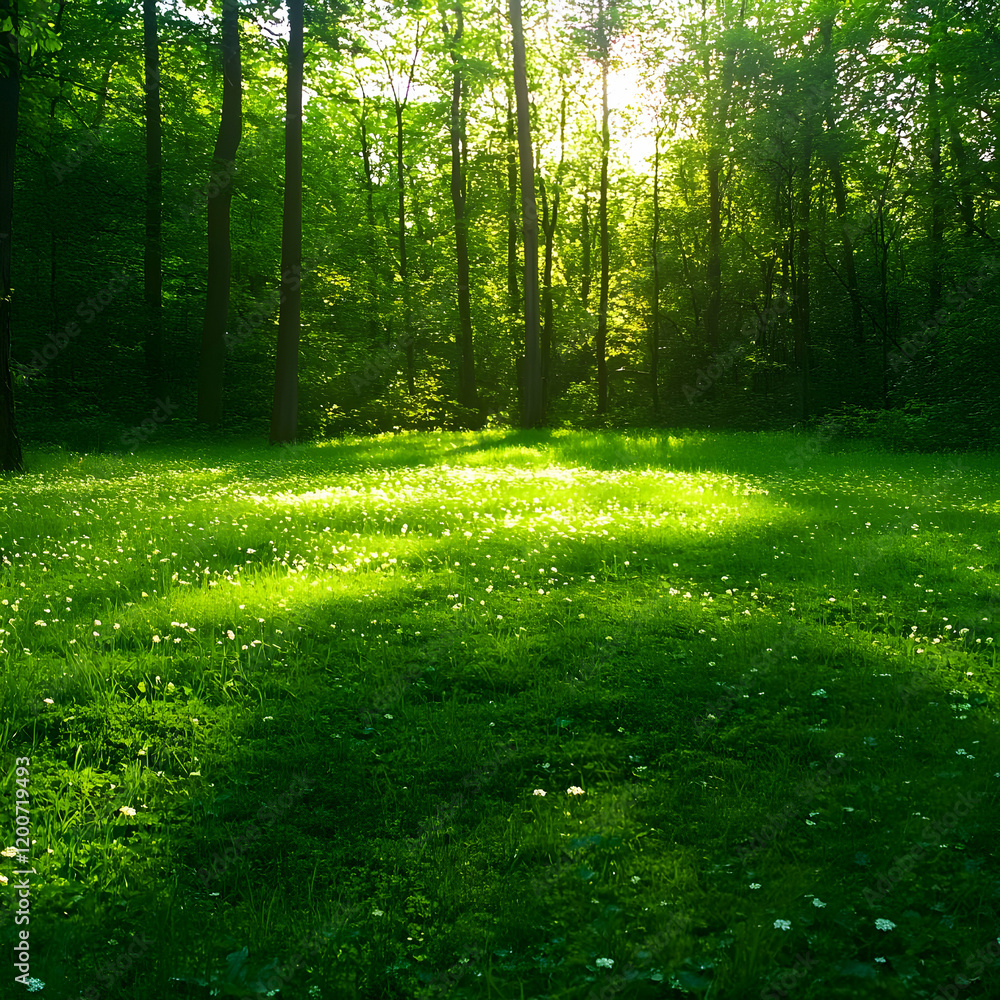 Sunlit Forest Clearing Illuminates Lush Green Grass and Tiny White Wildflowers Peacefully Sunlit Forest Clearing Illuminates Lush Green Grass and Tiny White Wildflowers Peacefully
