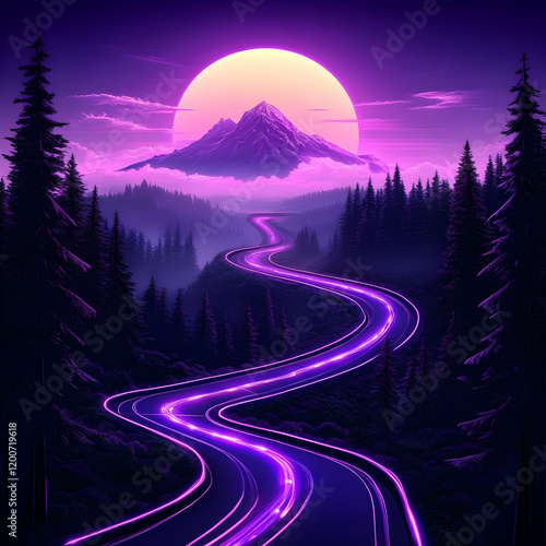 Neon Purple Road Winds Through a Dark Forest Towards a Glowing Mountain Under a Large Moon photo