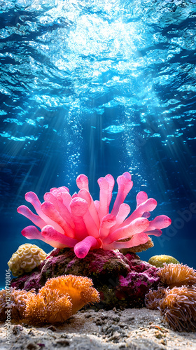 Vibrant coral reef with pink anemone and colorful sea life underwater