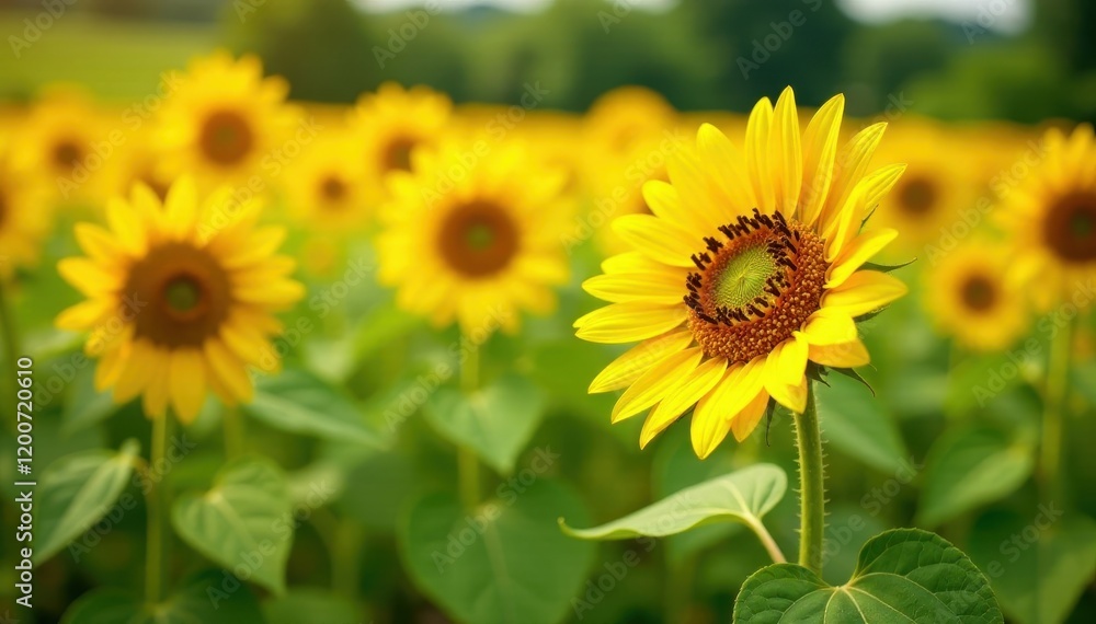 Sunflower fields with bright yellow petals and green stems , outdoors, garden Sunflower fields with bright yellow petals and green stems , outdoors, garden