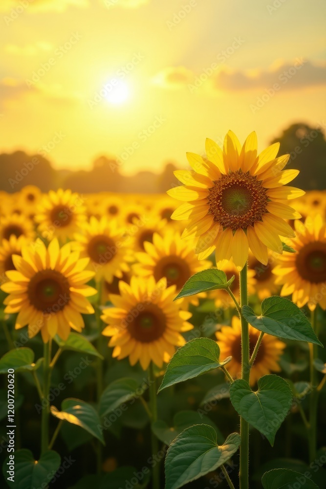 Obraz premium Sunflowers standing tall in a sea of golden light, landscape,