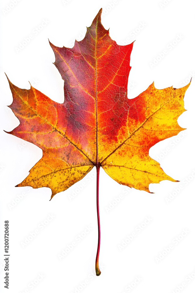 Vibrant autumn maple leaf showcasing vivid red and golden hues against a clean white background, highlighting its intricate veins and crisp texture. Vibrant autumn maple leaf showcasing vivid red and golden hues against a clean white background, highlighting its intricate veins and crisp texture.