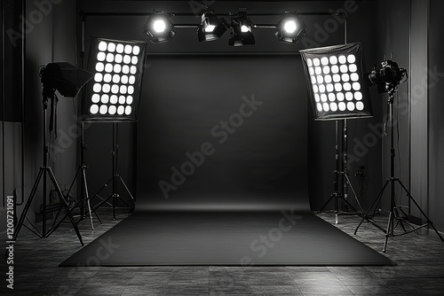 Professional photo studio setup with lighting equipment and dark backdrop ready for a photoshoot.