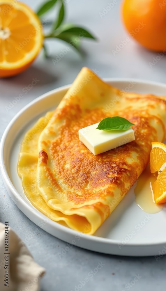 Thin crepe with caramelized sugar, orange slices and butter served on a simple white plate , dish, suzette Thin crepe with caramelized sugar, orange slices and butter served on a simple white plate , dish, suzette