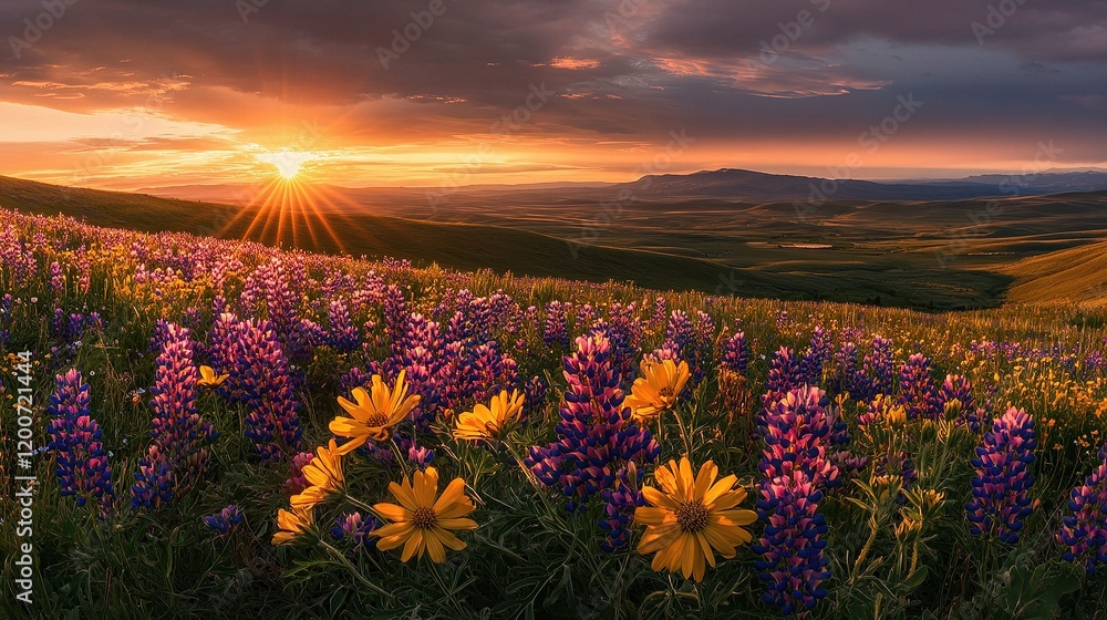 Fototapeta premium Golden Hour Bloom: A captivating panorama unfolds at sunset, where vibrant purple lupine flowers dance across a sun-drenched meadow, reaching towards a fiery sky. 