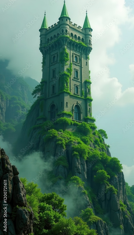 Tower with flowing hair-like strands of ivy and mist , nature, misty Tower with flowing hair-like strands of ivy and mist , nature, misty