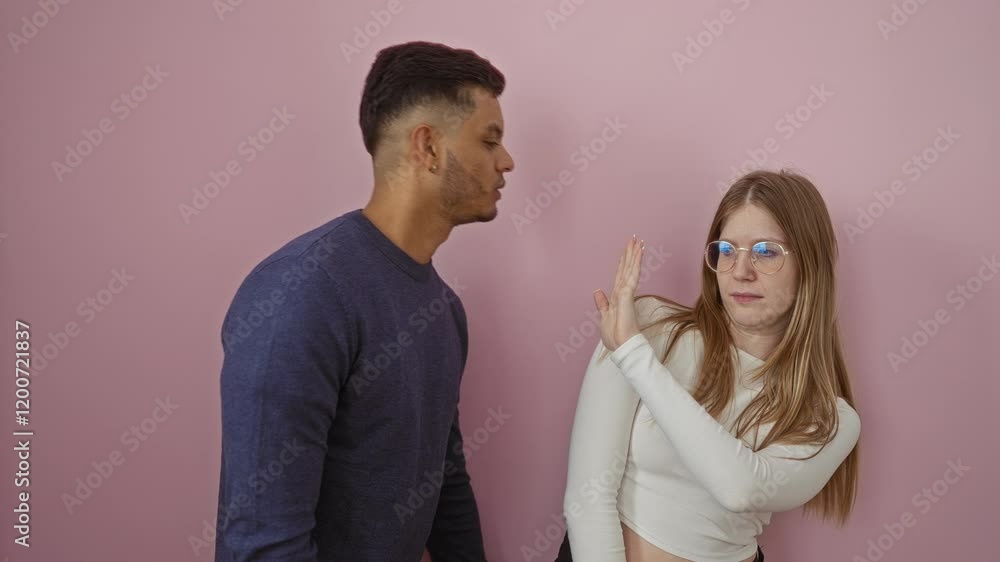 Man attempting kiss with woman showing rejection on isolated pink background, illustrating relationship conflict and emotion. Man attempting kiss with woman showing rejection on isolated pink background, illustrating relationship conflict and emotion.