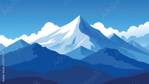  Aerial view showcasing majestic mountains beneath a blanket of fluffy clouds in a clear blue sky flat vector illustration.