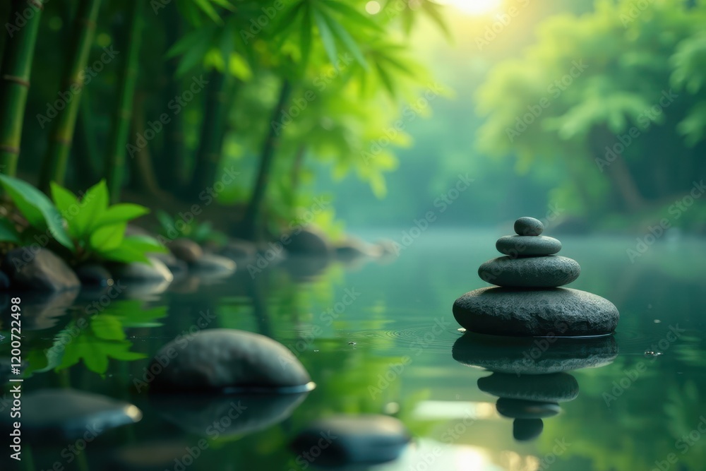 tranquil scene of zen stones floating in a serene lake amidst bamboo and overgrown vegetation , Bamboo, Natural Beauty tranquil scene of zen stones floating in a serene lake amidst bamboo and overgrown vegetation , Bamboo, Natural Beauty