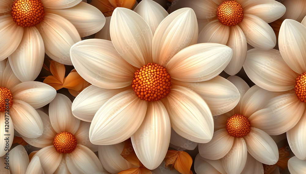 Fototapeta premium Autumn Cream Flowers, Closeup, Background Leaves, Design