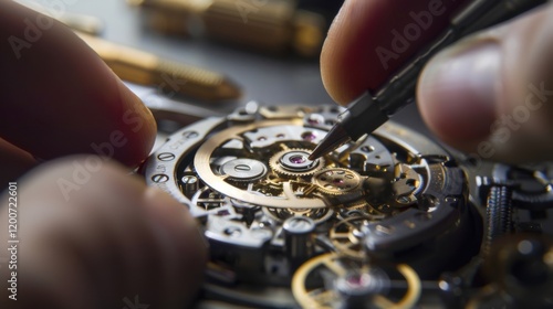 An intricate shot of a watchmaker assembling a luxury watch, Watchmaking workshop scene, Haute horology style