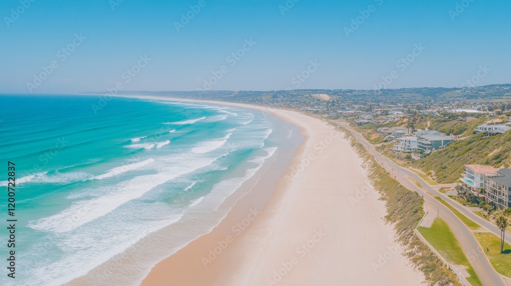 Coastal Aerial View Turquoise Ocean, Sandy Beach, and Homes Coastal Aerial View Turquoise Ocean, Sandy Beach, and Homes